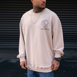 Men's Oversize Basic Sweatshirt With Designer Graphic Print Creme - 3