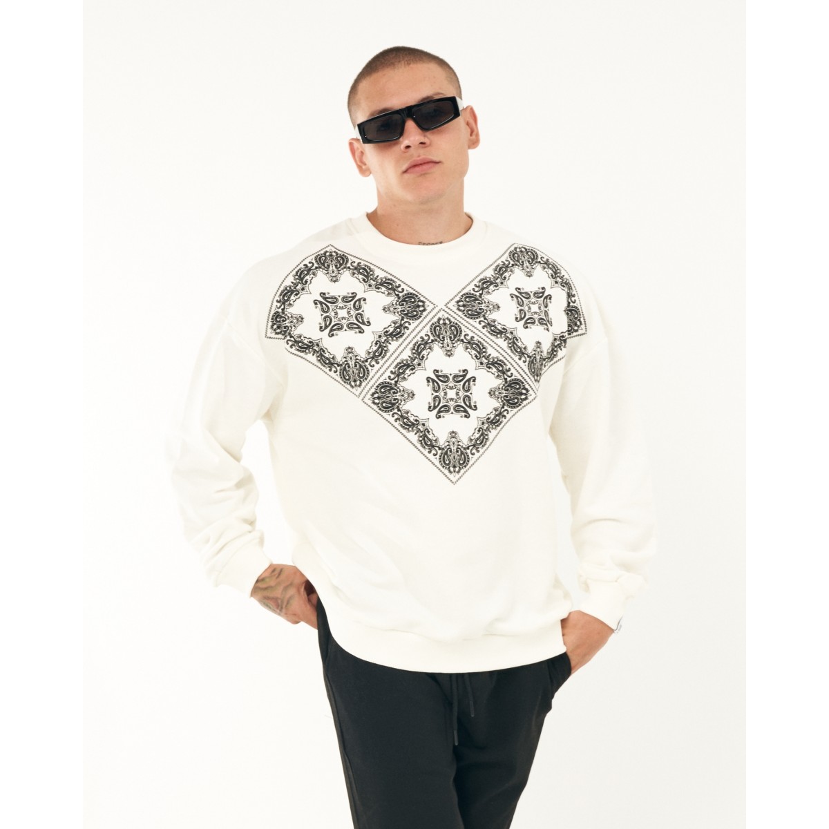 Men's Oversize Basic Sweatshirt Ethnic Designer White - 1