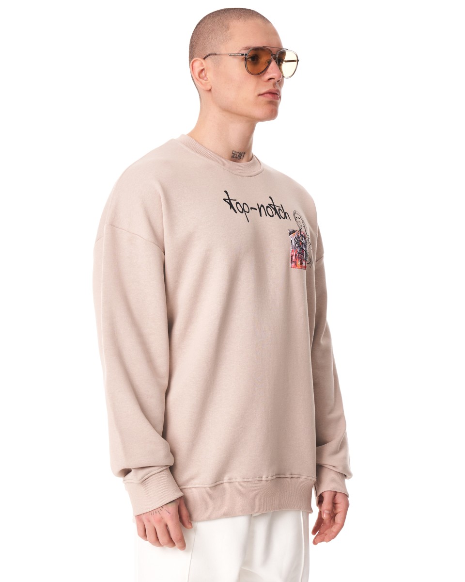 Men's Oversize Basic Sweatshirt With Designer Graphic Print Beige - 1