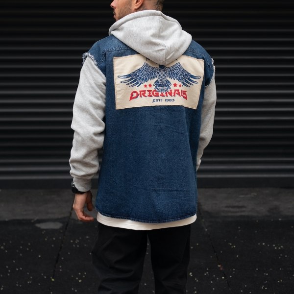 Men's Hooded Denim Jacket With Artwork Details - 6