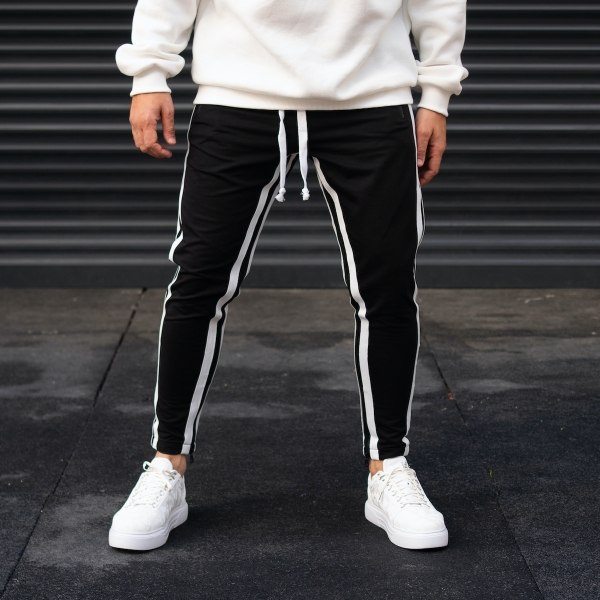Men's Skinny Double-Striped SweatPants In Black - 2