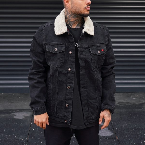 Men's Denim Jacket With Fur In Black - 1