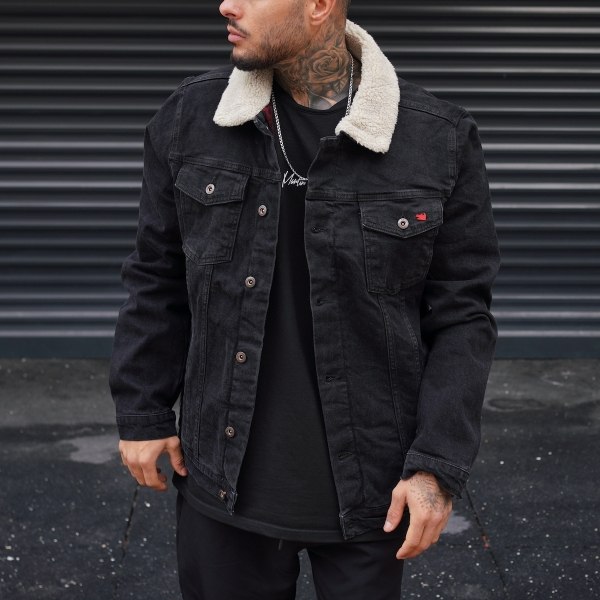 Men's Denim Jacket With Fur In Black