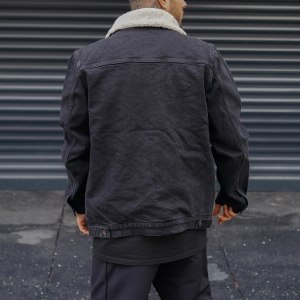 Men's Denim Jacket With Fur In Black - 5
