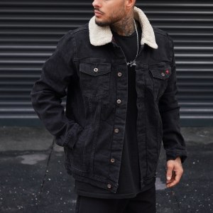 Men's Denim Jacket With Fur In Black - 3