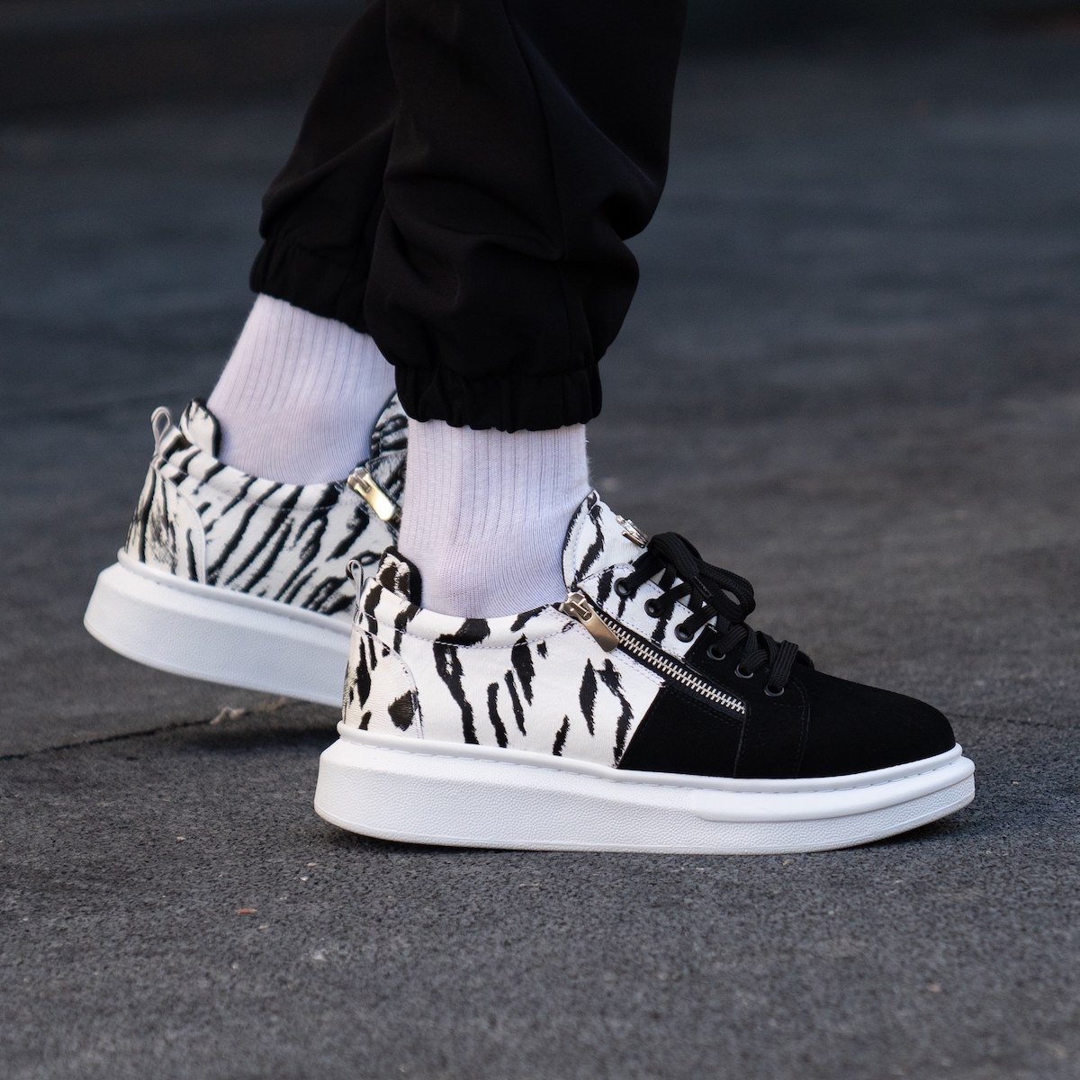 Hype Sole Zipped Style Sneakers in Black Suede Zebra Design | Martin Valen