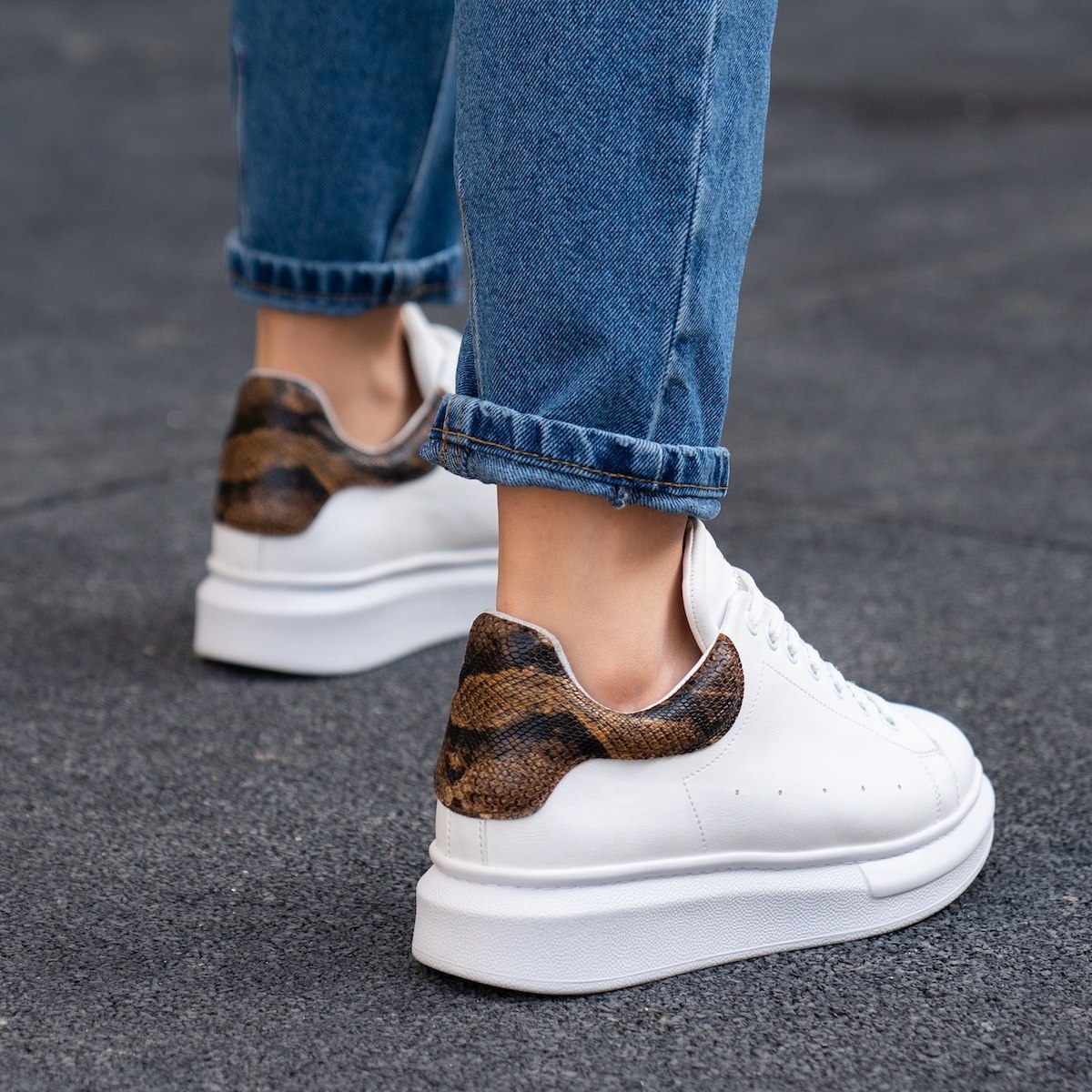 Women’s Chunky Sneakers with Crown in White and Snake Skin | Martin Valen