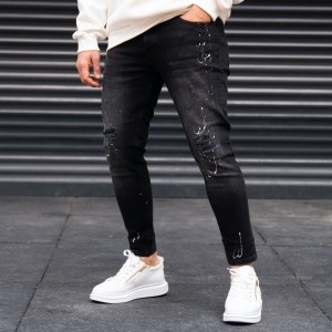 Men's Paint Brush Stroke Ripped Jeans in Black