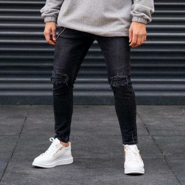 Men's Ripped Knees Jeans with Chain in Black
