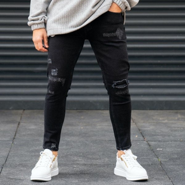 Men's Zigzag Stitches Jeans In Black - 1