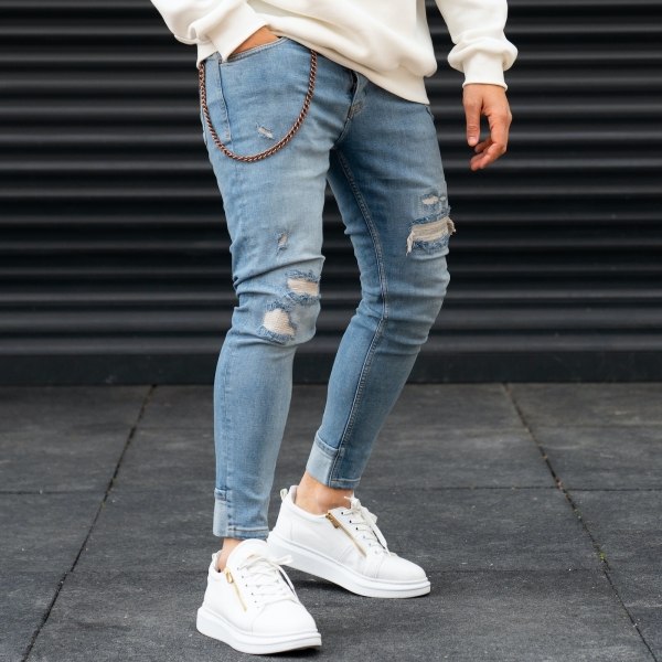 Men's Ripped Pleated Jeans In light Blue - 1