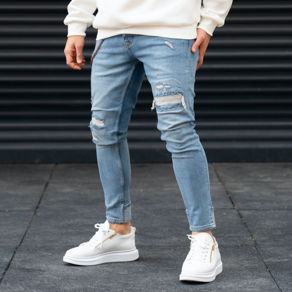 Men's Ripped Pleated Jeans In light Blue