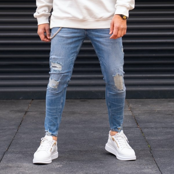 Men's Three Ripped Jeans in Blue - 1