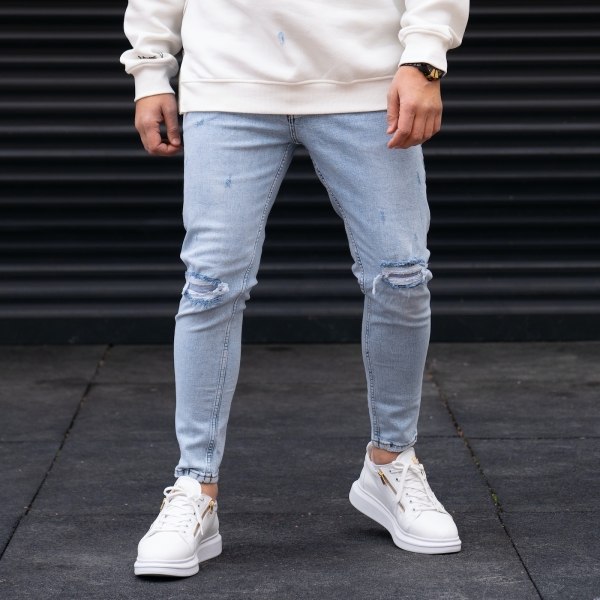 Men's Ice Blue Jeans with Knees Ripped