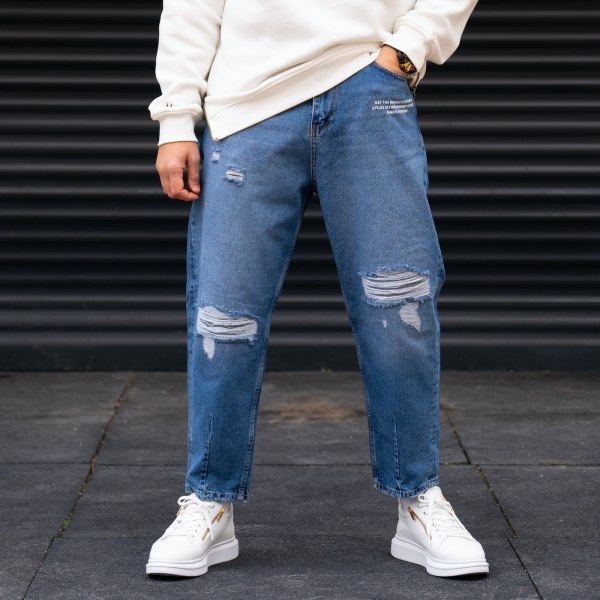 Men's Ripped Printted Baggy Jeans in Blue - 1