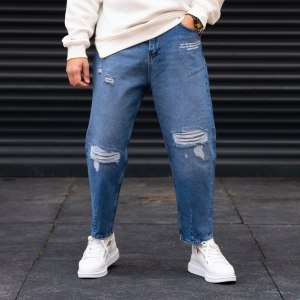 Men's Ripped Printted Baggy Jeans in Blue - 2