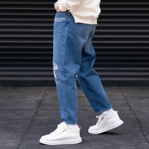 Men's Ripped Printted Baggy Jeans in Blue - 3