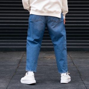 Men's Ripped Printted Baggy Jeans in Blue - 4