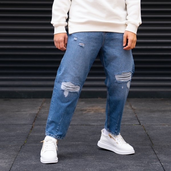 Men's Ripped Printted Baggy Jeans in Blue - 5