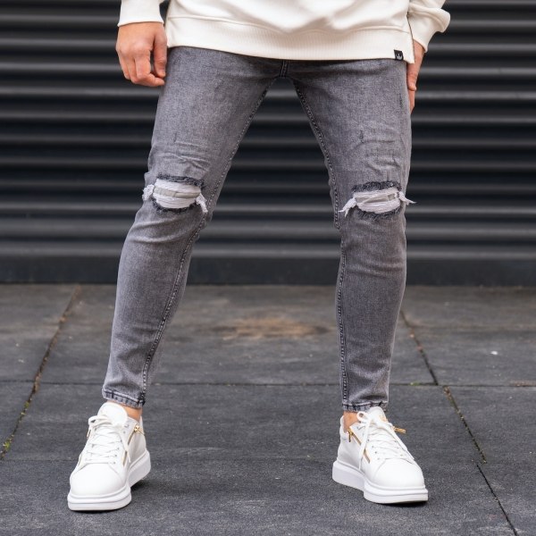 Men's Knees Ripped Jeans in Smoked Grey