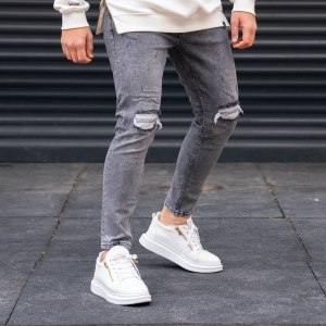 Men's Knees Ripped Jeans in Smoked Grey - 2