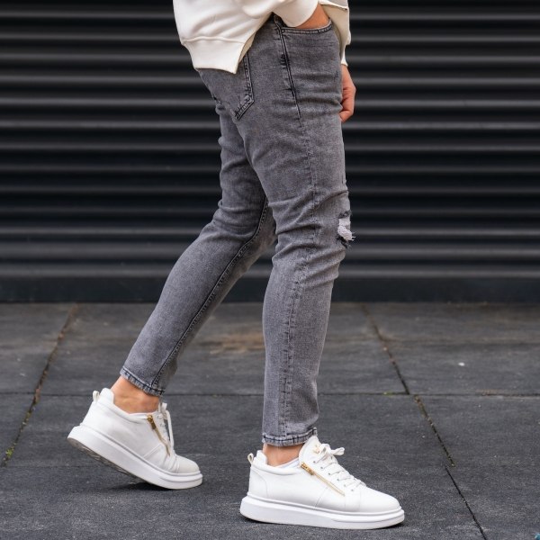 Men's Knees Ripped Jeans in Smoked Grey - 3