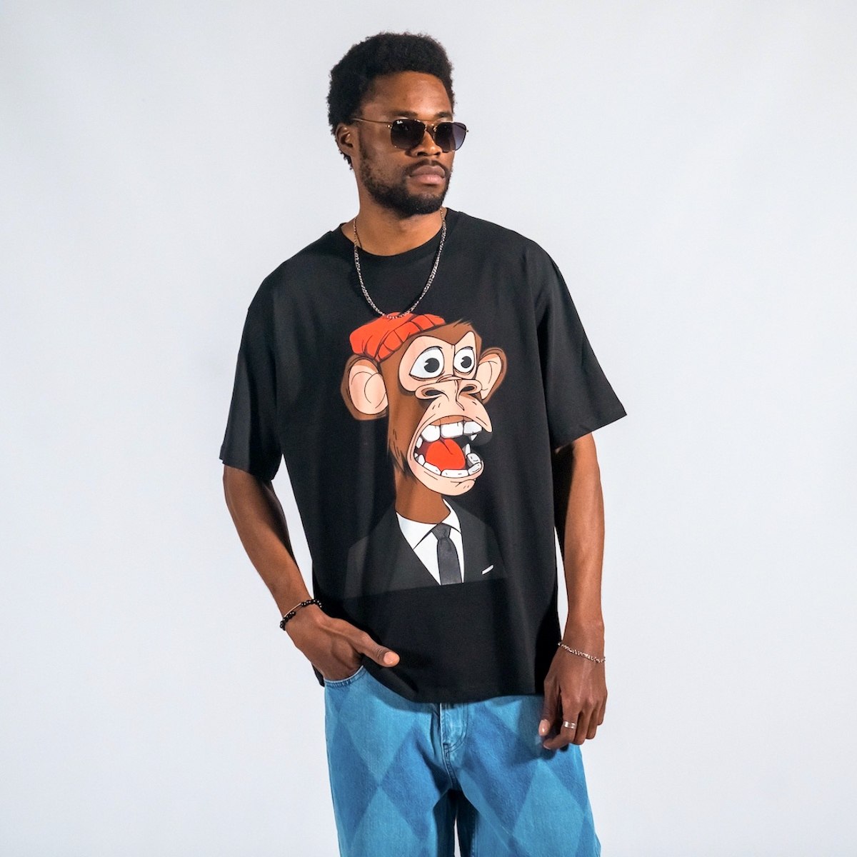 Men's Monkey Printed Oversized Black T-shirt - 3