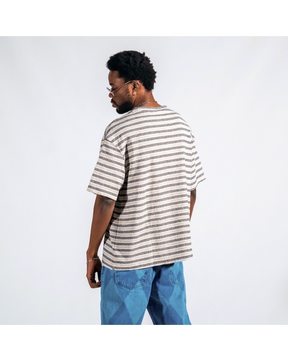 Men's Striped Waffle Thick Fabric Oversize Beige T-shirt | Martin Valen