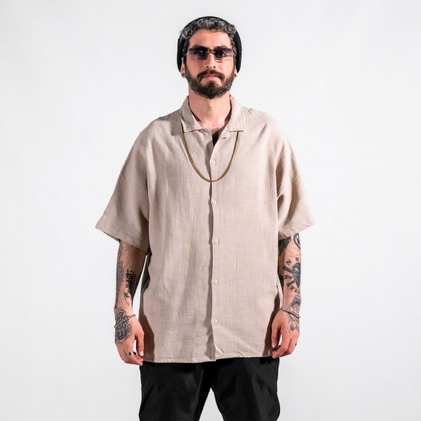 Men's Linen Fabric Oversized Beige Shirt - 1