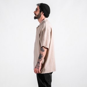 Men's Linen Fabric Oversized Beige Shirt - 3