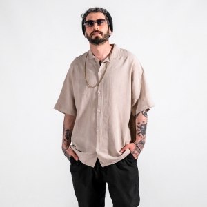 Men's Linen Fabric Oversized Beige Shirt - 2