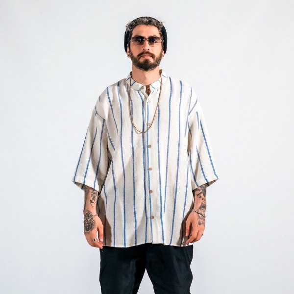 Men's Striped Sile Fabric Oversized White Shirt - 1