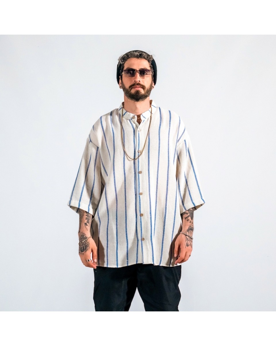 Camisa de hombre blanca oversize de tejido de sile a rayas | Martin Valen