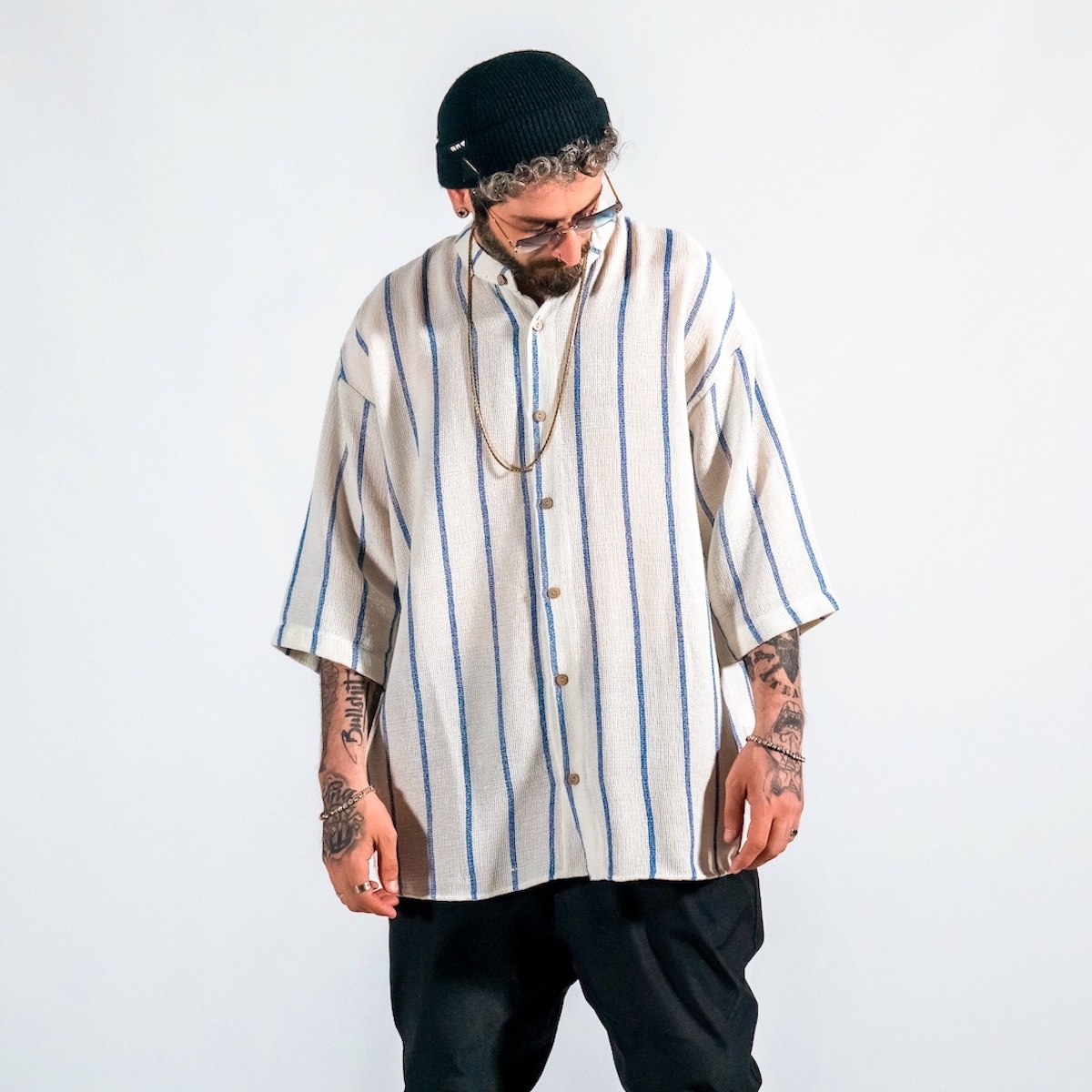 Men's Striped Sile Fabric Oversized White Shirt | Martin Valen