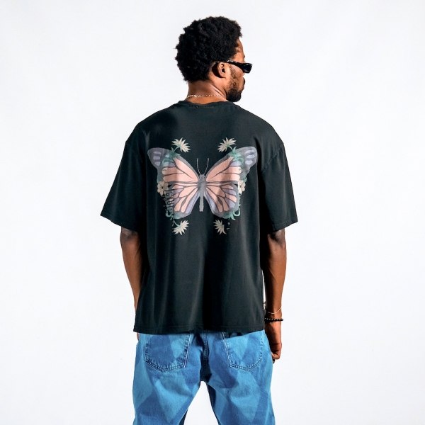 Men's Letter Butterfly Printed Oversize Black T-shirt - 5