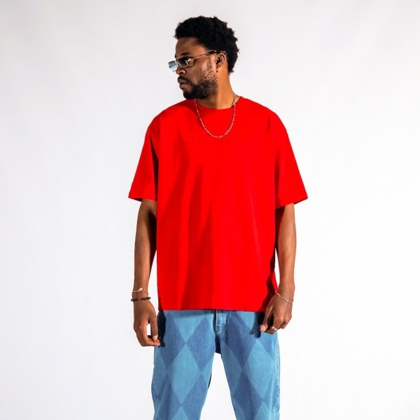 Men's Text Printed Oversize Red T-shirt - 2