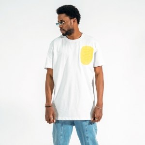Men's Yellow Text Printed Oversized White T-shirt