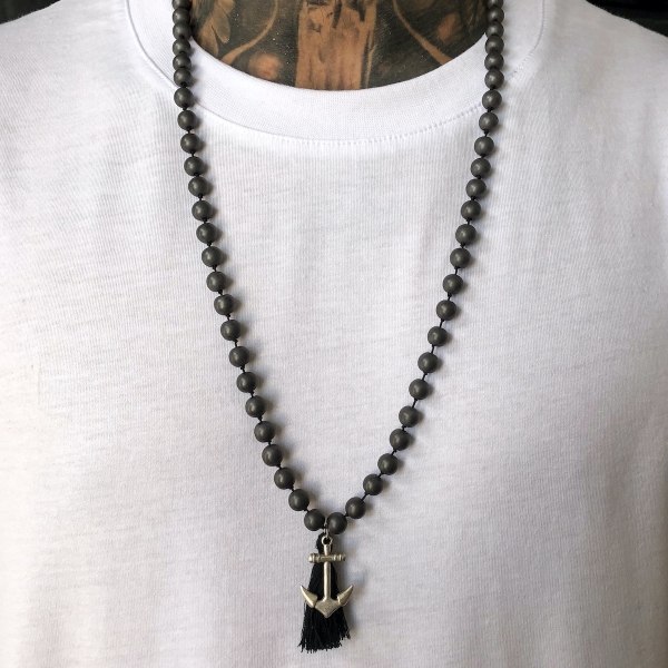 Men's Knitted Bead Anchor Detail Black Necklace - 1