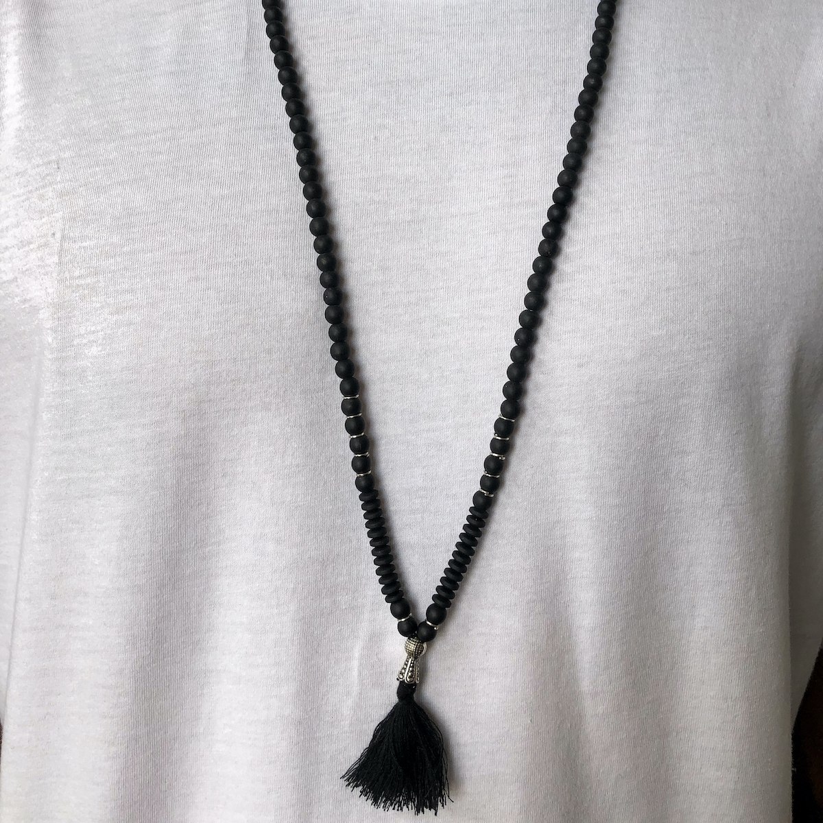 Men's Beaded Tassel Detail Black Necklace - 1