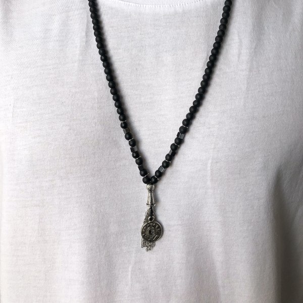 Men's Bead Detail Steel Long Black Necklace