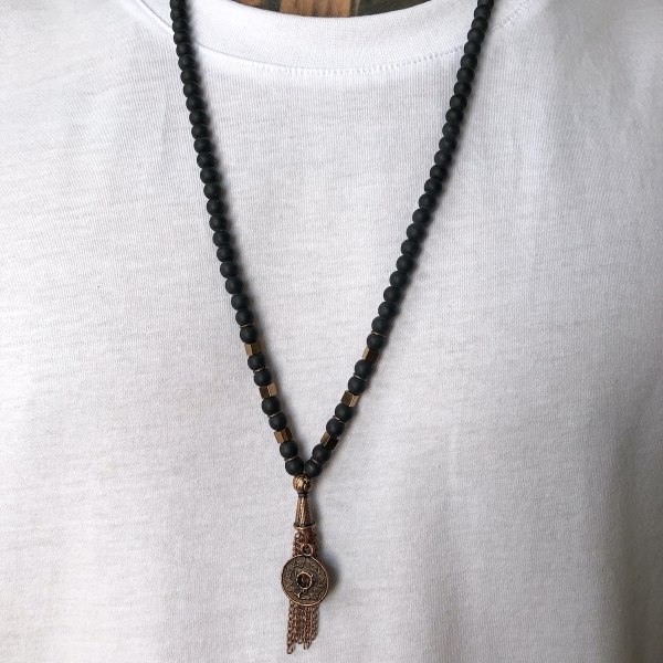 Men's Beaded Shiny Detail Steel Long Black Necklace
