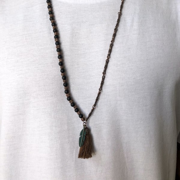 Men's Beaded Tassel Detail Steel Long Brown Necklace