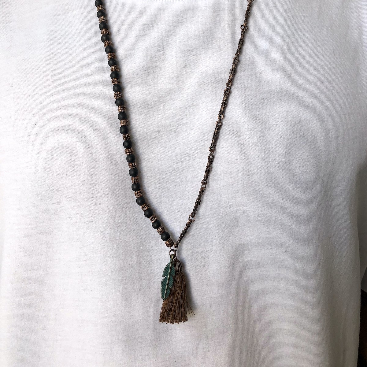Men's Beaded Tassel Detail Steel Long Brown Necklace - 1