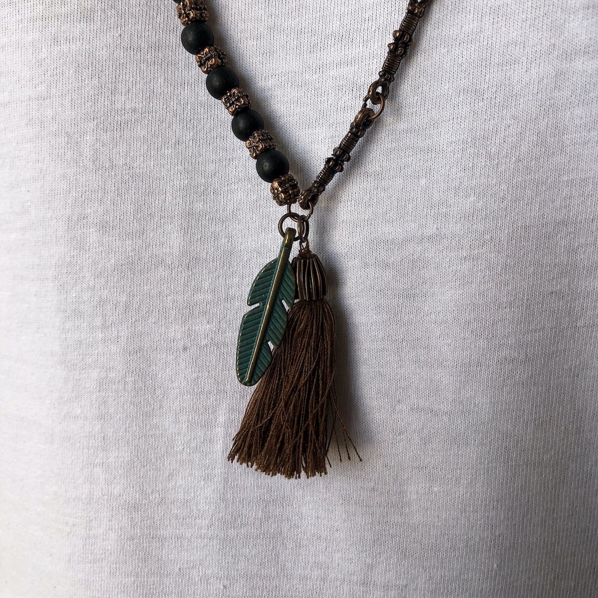 Men's Beaded Tassel Detail Steel Long Brown Necklace | Martin Valen