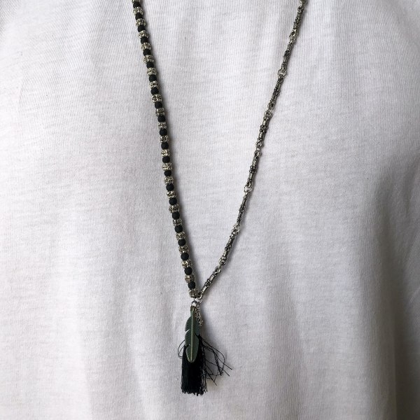 Men's Beaded Tassel Detail Steel Long Black Necklace