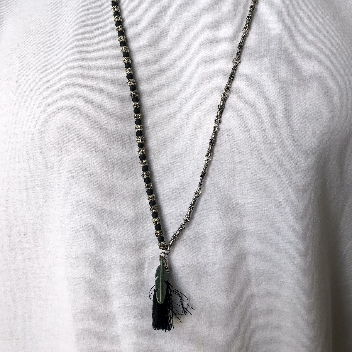 Men's Beaded Tassel Detail Steel Long Black Necklace | Martin Valen