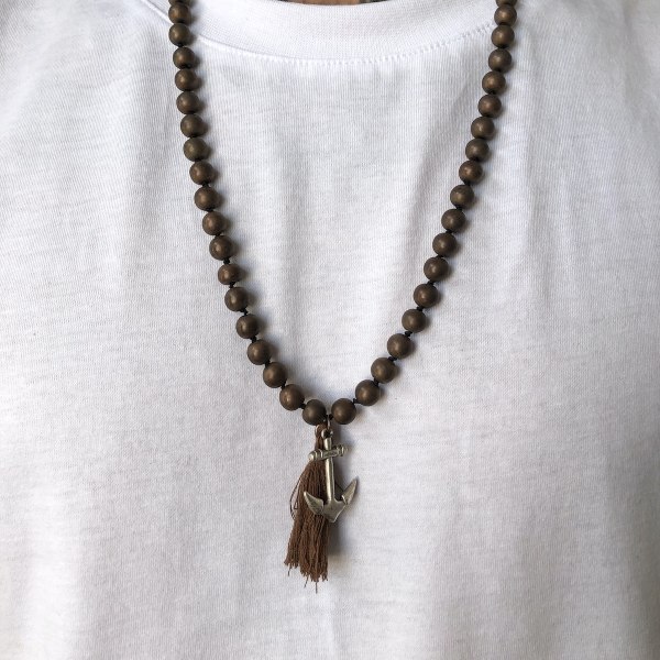 Men's Knitted Bead Anchor Detail Brown Necklace - 1