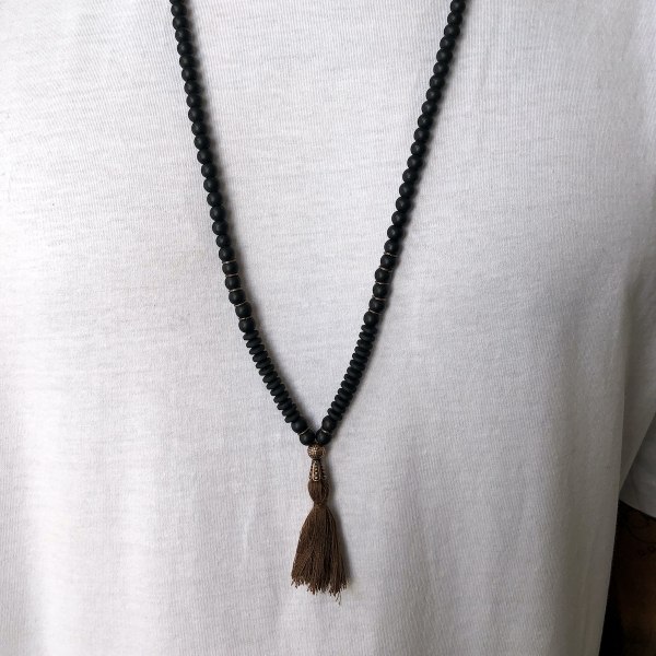 Men's Beaded Tassel Detail Long Black Necklace