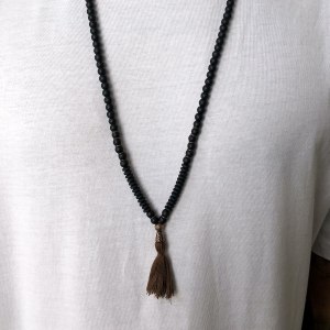 Men's Beaded Tassel Detail Long Black Necklace - 1