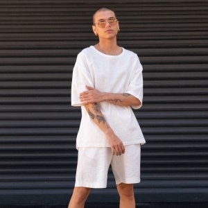 Men's Oversized Linen Shorts Set White - 8